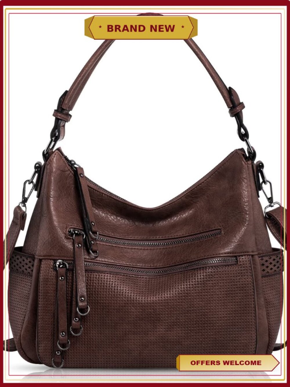 Large Vintage Hobo Bag Retro PU Leather 2-Way Shoulder Crossbody Purse